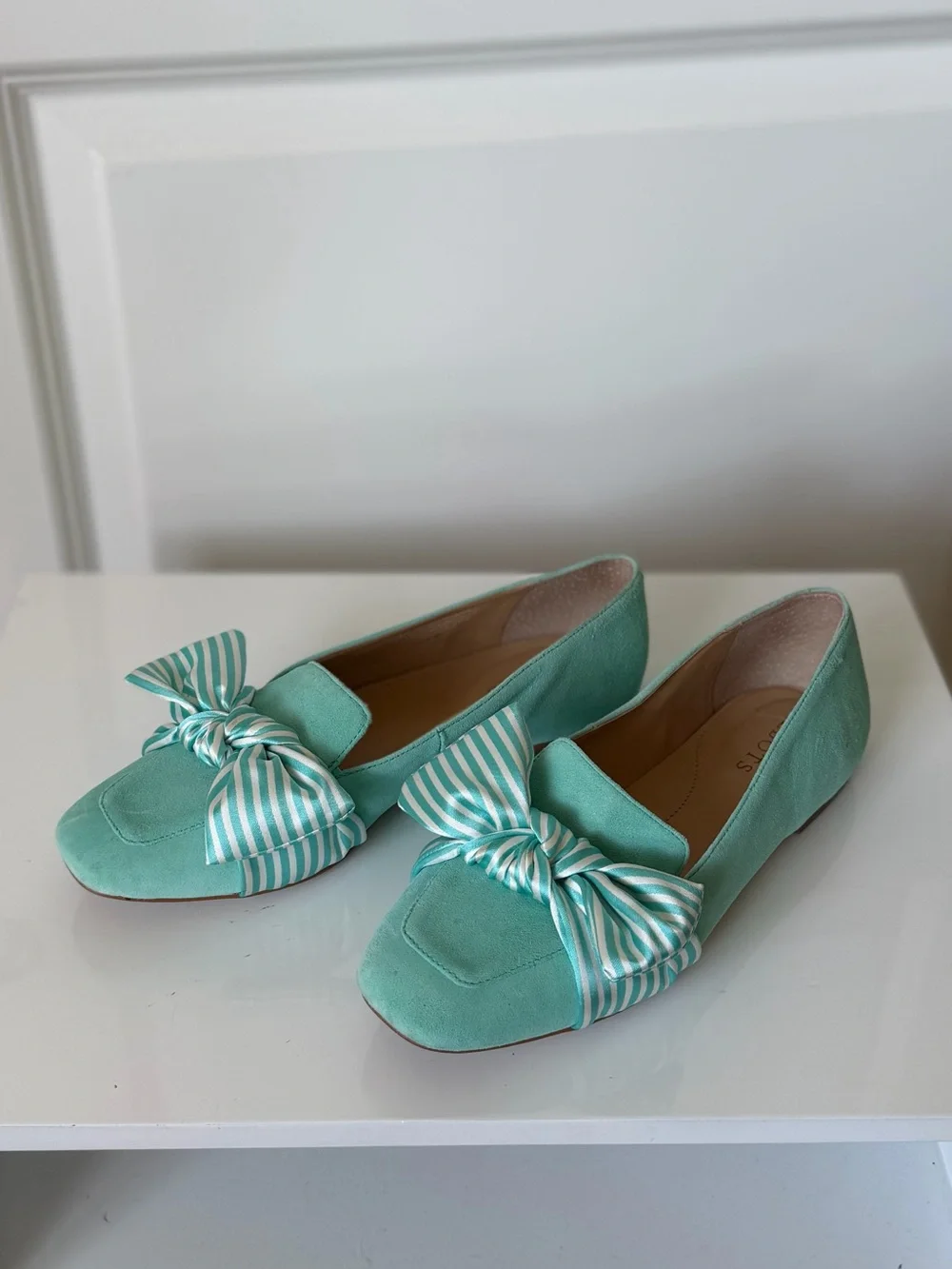 Talbots Mint Aqua Suede Loafers Flats Striped Bow Square Toe Size 6M